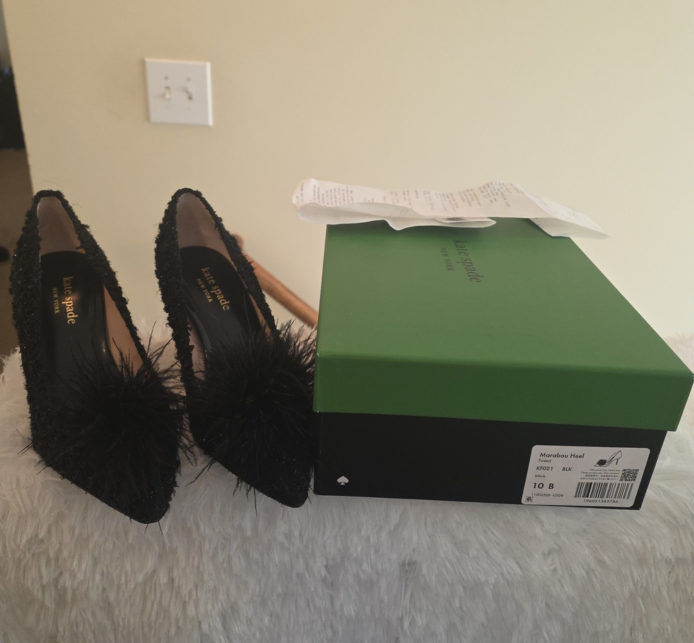 kate spade Black Feather Trim Pointed Toe Heels